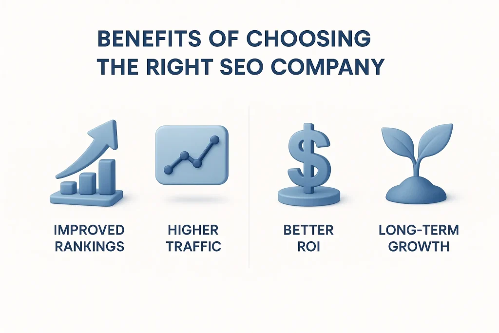 Icons showing SEO benefits like rankings, traffic, ROI, and growth