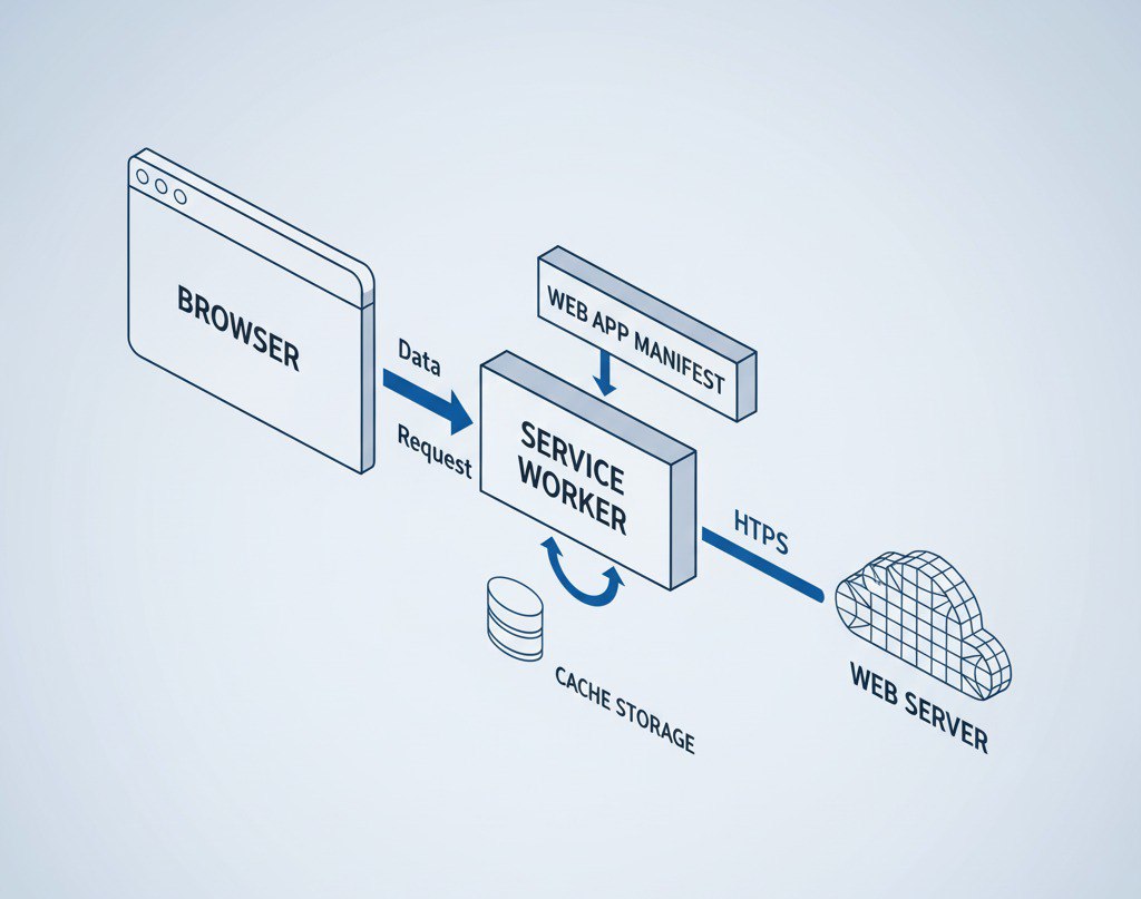 Browser and service worker handling data requests with cache and web server