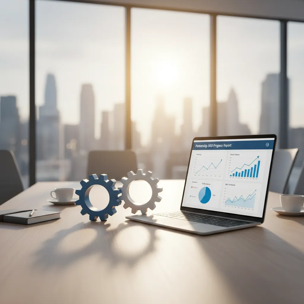 Laptop showing SEO progress report with gears on desk.