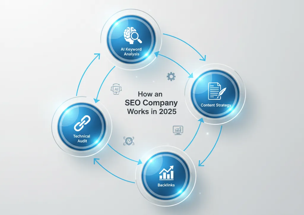 Diagram showing SEO company workflow for 2025