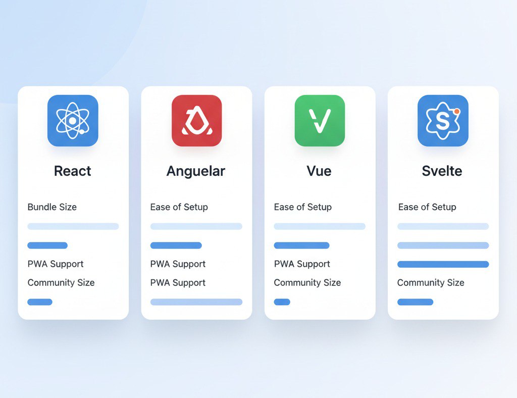 PWA support and setup comparison across React, Angular, Vue, and Svelte