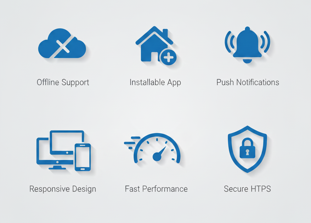 Key features of PWAs: offline, installable, push notifications, and performance.