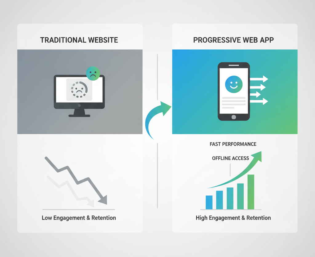 Comparison of traditional websites and PWAs showing better engagement and offline access