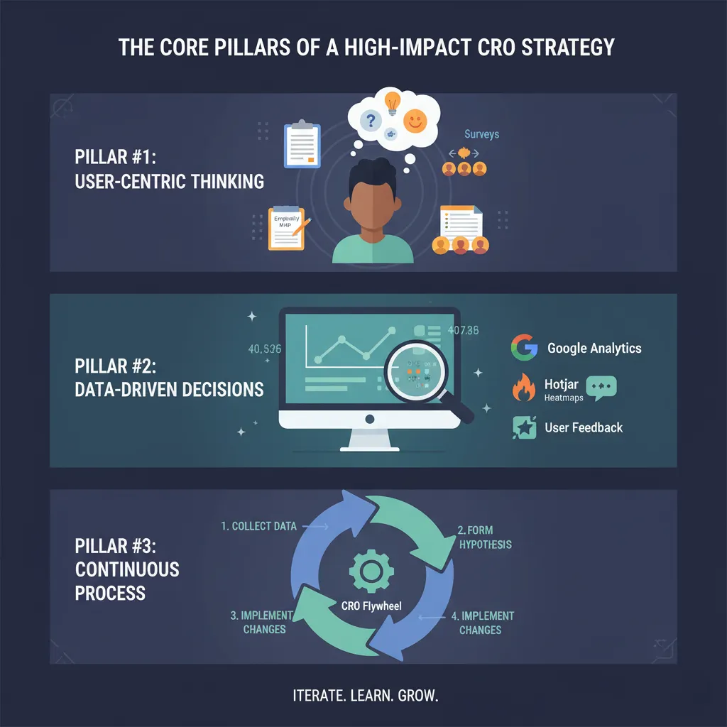 Core pillars of a high-impact CRO strategy with emphasis on user-centric thinking, data-driven decisions, and continuous processes.