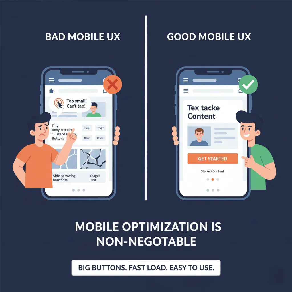 Bad vs. good mobile UX design, emphasizing easy-to-use, fast-loading interfaces with clear content and buttons.