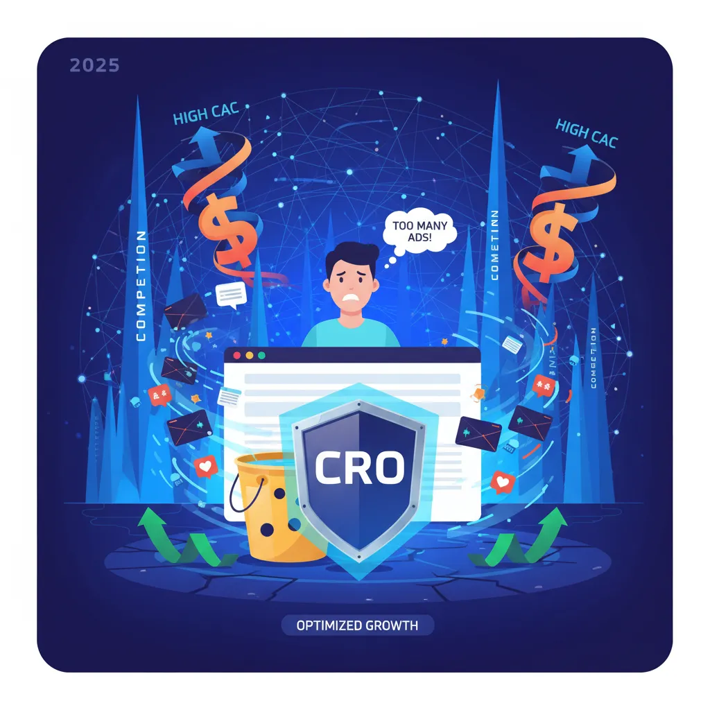 Optimized growth with a visual representing CRO efforts to tackle high customer acquisition costs and competition.