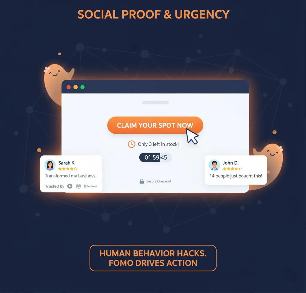 Social proof and urgency, showcasing a countdown timer and testimonials to drive user action and conversions.