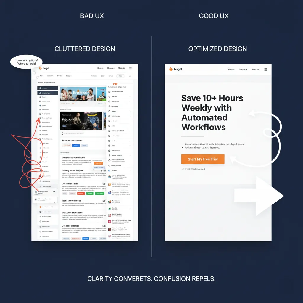Comparison of bad and good UX designs, highlighting cluttered design vs. optimized design with clear calls to action.