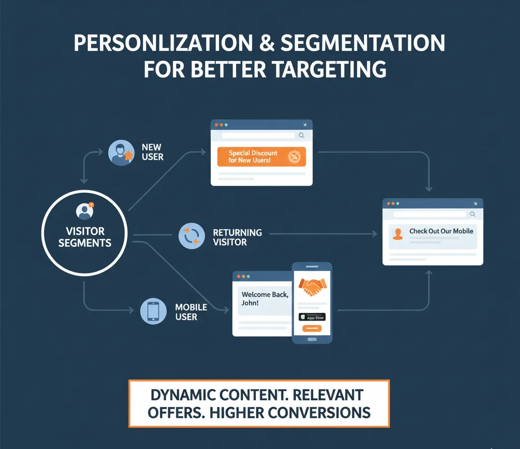 Visitor segmentation for better targeting with personalized content for new users, returning visitors, and mobile users.