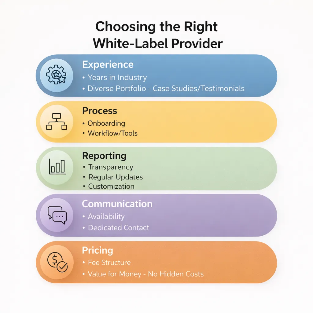 Infographic listing factors for choosing a white-label SEO provider, including experience, process, reporting, communication, and pricing