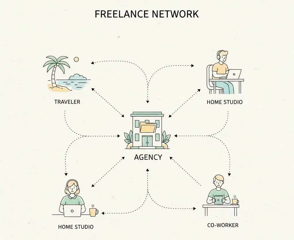 Illustration of a freelance network showing an agency connected to remote freelancers working from different locations