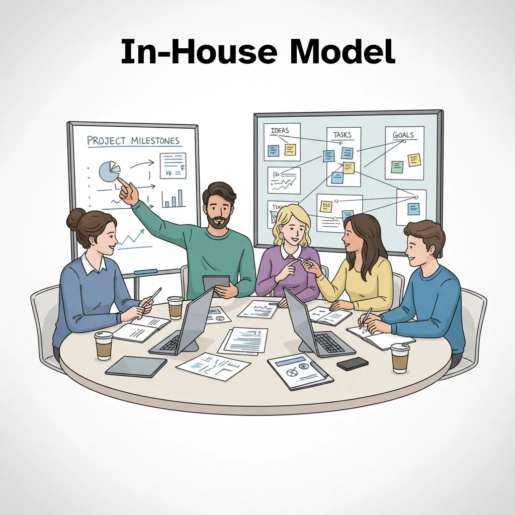 Illustration of an in-house team meeting around a table with laptops, planning boards, and project milestones