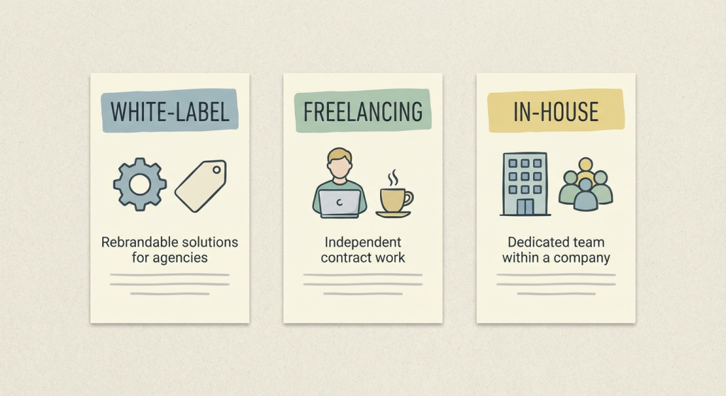Three comparison cards labeled white-label, freelancing, and in-house with simple icons and short descriptions