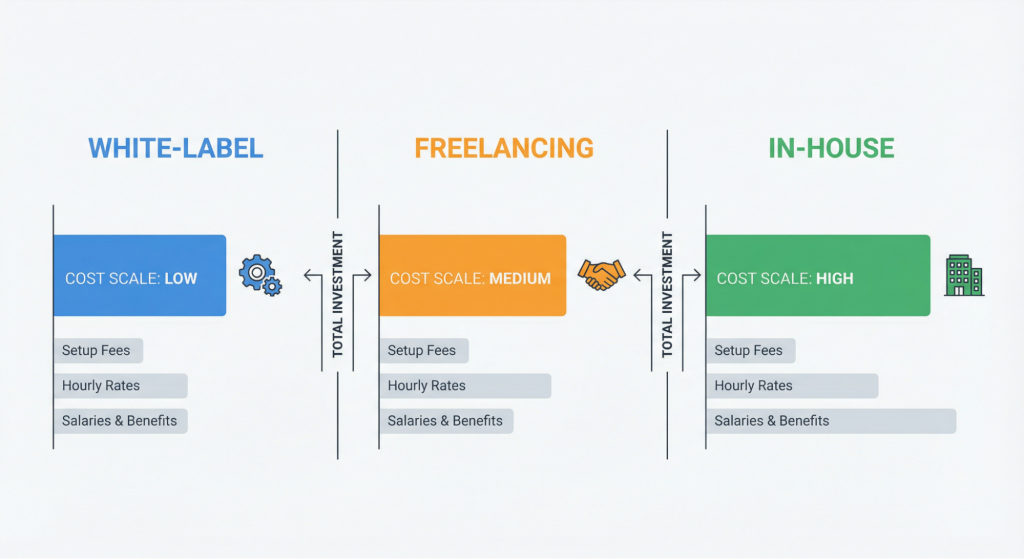 Comparison graphic showing cost scale as low for white-label, medium for freelancing, and high for in-house