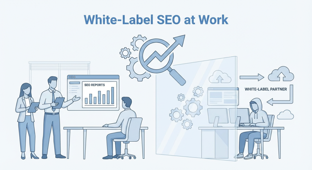 Illustration showing an agency presenting SEO reports while a white-label partner handles SEO work behind the scenes