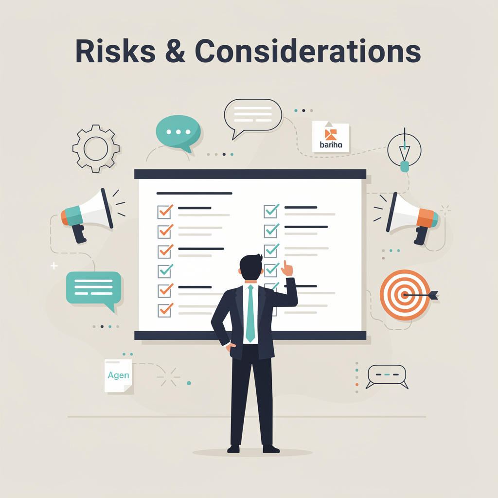Illustration of a business professional reviewing a checklist labeled “Risks & Considerations” for white-label SEO